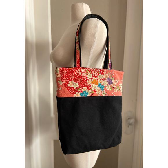 Reversible Black Canvas Tote w/Pink Floral Trim sz OS - Picture 1 of 15